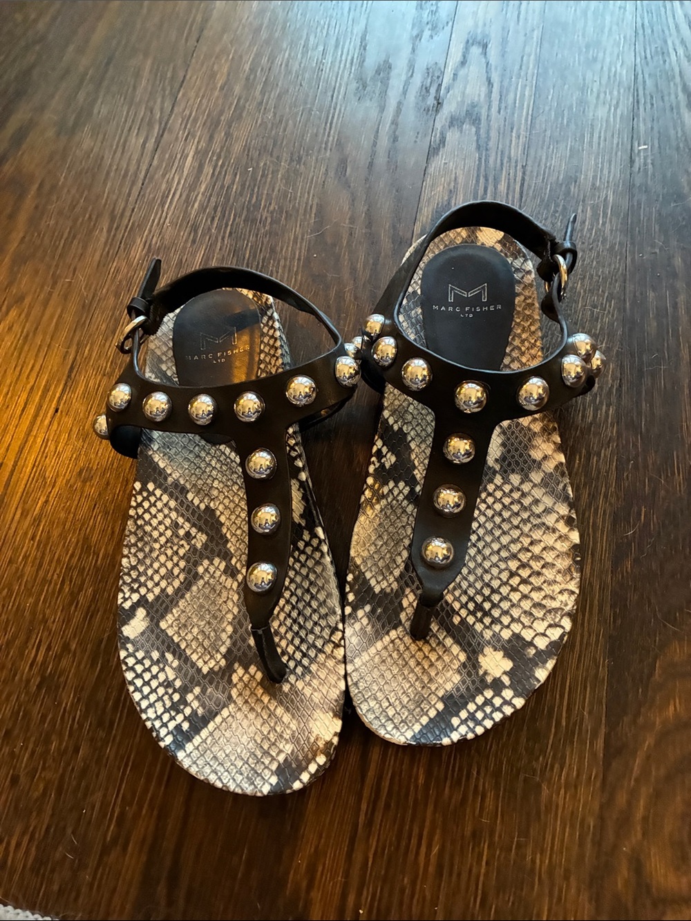 Marc Fisher Black Sandals with Silver Studs and Snake-Print Footbed